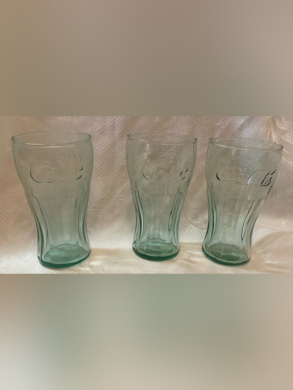 Coke Coca-Cola Green Embossed Glass Glasses. Set of 3